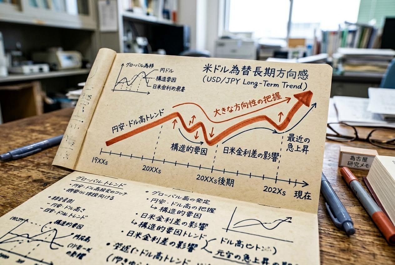 米ドル 為替の長期推移グラフを紙にまとめたノートのクローズアップ