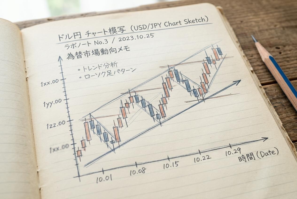 ドル 円 チャートのローソク足を鉛筆で描き写した学習ノートの画像
