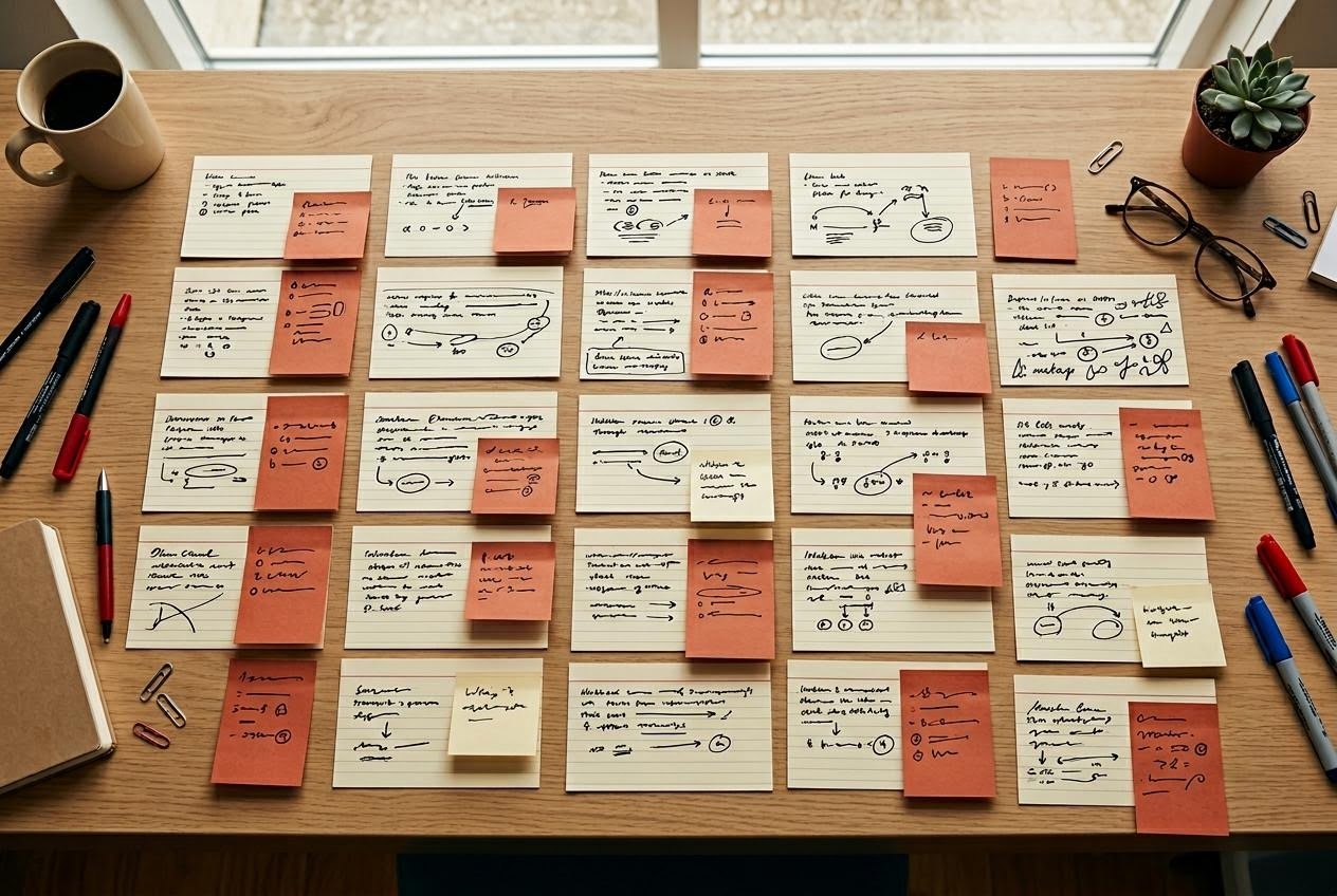 掲示板の投稿を付箋に書き写し時系列で並べた編集ラボの机