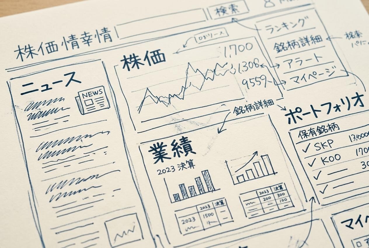 みん かぶの画面構成をイメージしてノートに描いた株価情報サイトの模式図