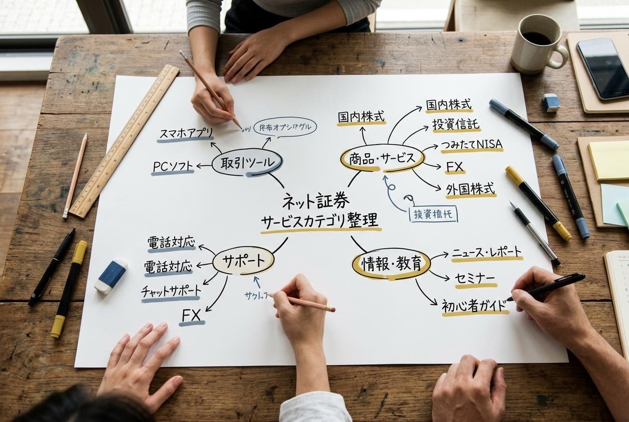 ネット証券のサービス区分を白い紙に書き起こし、ラボで議論している手元の写真
